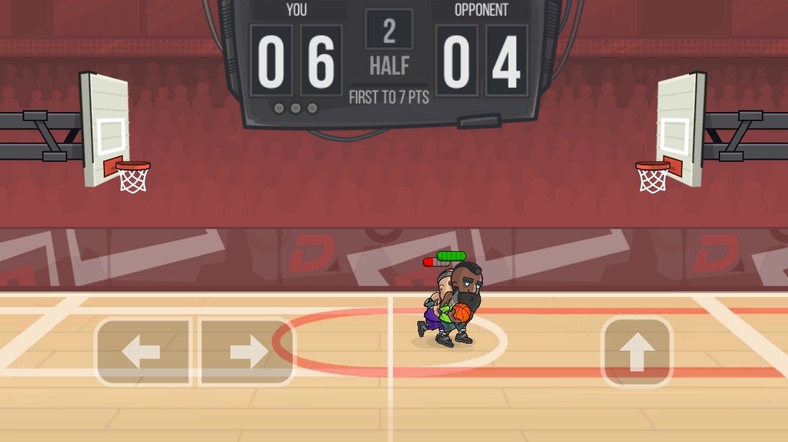 Dunk Clash gameplay showing an intense 1v1 matchup, with the player leading 6–4 at center court.