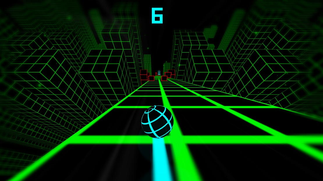Slide Down gameplay with a ball racing through a neon obstacle-filled track.